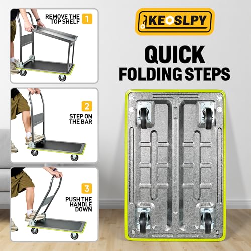 Upgraded Heavy Duty Foldable Push Cart Dolly 700 Lbs Load 2 Tier | High-Strength Steel Folding Platform Truck Cart, Moving Flatbed Cart with Wheels for Warehouse, Garage, Workshop, Office - style: 600LBS+100LBS
