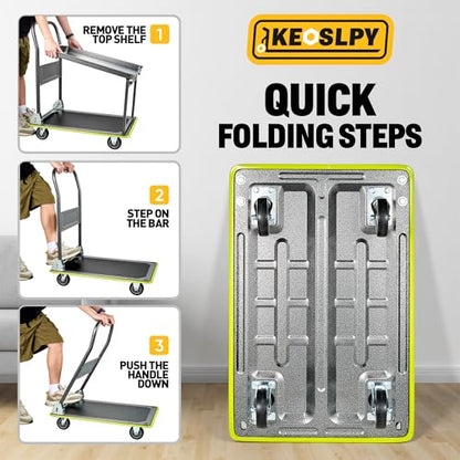 Upgraded Heavy Duty Foldable Push Cart Dolly 700 Lbs Load 2 Tier | High-Strength Steel Folding Platform Truck Cart, Moving Flatbed Cart with Wheels for Warehouse, Garage, Workshop, Office - style: 600LBS+100LBS