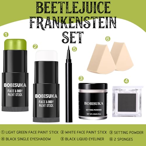 BOBISUKA Light Green & White Face Body Paint Stick Kit with Black Eyeshadow, Black Liquid Eyeliner, Setting Powder & 2 Sponges – Halloween Cosplay Makeup Set for Witch, Beetle Juice, Monster, Goblin - color: Light Green & White Painting Stick Set