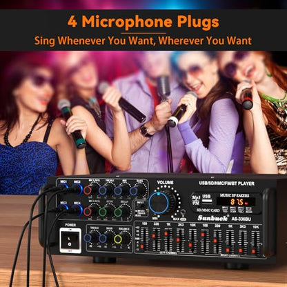 2000W Stereo Audio Amplifier for Home Theater, Car Audio, Karaoke, Party, Outdoor Camping with Multiple Input Modes EQ Mixer, Mic Input, Remote Control, 2.0 Channel