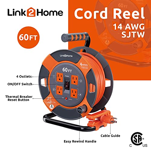 Link2Home 60 Ft. Extension Cord Reel, 4 Power Outlets, 14 AWG SJTW | Heavy-duty cable, high-visibility jacket, ideal for job sites and garages - size: 60 feet