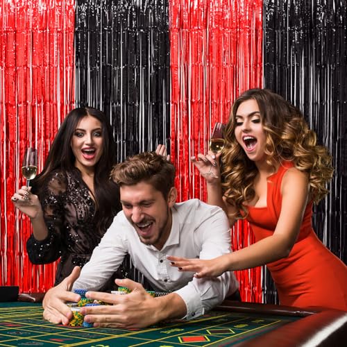 LOLStar Casino Party Decorations, 3 Pack Red and Black Birthday Party Supplies 3.3 x 6.6ft Tinsel Foil Fringe Curtains Photo Booth Props Backdrop Streamers, Decor for Vegas Poker Party