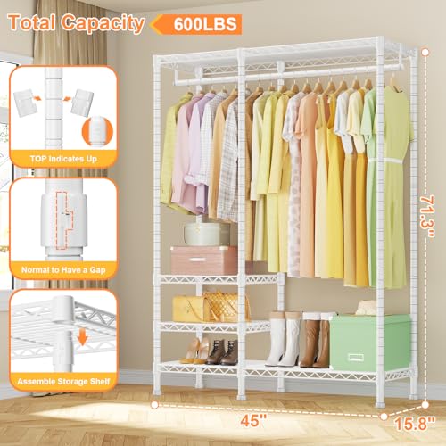 F4 Heavy Duty Clothes Rack (With Hanger Rod) Freestanding Clothing Racks for Hanging Clothes，Adjustable Closet Organizer System, Portable Garment Rack 45"W x 15.8"D x 71.3"H,Max Load 600LBS,White - color: White, style: Freestanding