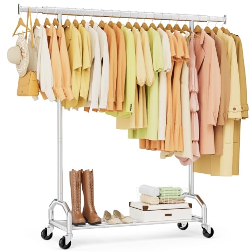 Heavy Duty Rolling Clothing Rack, 420 lbs Capacity Metal Clothes Rack with Wheels, 65" Tall Freestanding Hanging Rack for Bedroom, Laundry Room, Retail Display, Chrome - color: Chrome