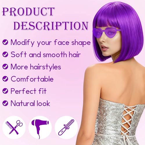 2 Pack Purple Bob Wig with Bangs Heart Sunglasses for Women, Neon Bobs Funny Party Wigs Synthetic for Adults Birthday Valentine's Day Bachelorette Mardi Gras Party Christmas Halloween Costume - color: Purple