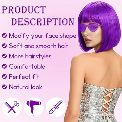 2 Pack Purple Bob Wig with Bangs Heart Sunglasses for Women, Neon Bobs Funny Party Wigs Synthetic for Adults Birthday Valentine's Day Bachelorette Mardi Gras Party Christmas Halloween Costume - color: Purple