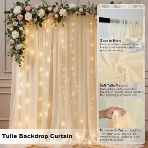 10 FT x 10 FT Champagne Backdrop Curtain - Tulle Backdrop Curtain with 9.8FT Lights String - Sheer Backdrop Curtains with 4 Inch Rod Pockets for Birthday Party Weddings Baby Shower Photo Booth Props - color: Champagne, size: 10ft×10ft