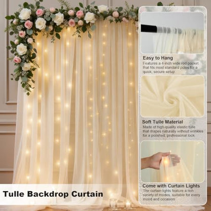 10 FT x 10 FT Champagne Backdrop Curtain - Tulle Backdrop Curtain with 9.8FT Lights String - Sheer Backdrop Curtains with 4 Inch Rod Pockets for Birthday Party Weddings Baby Shower Photo Booth Props - color: Champagne, size: 10ft×10ft