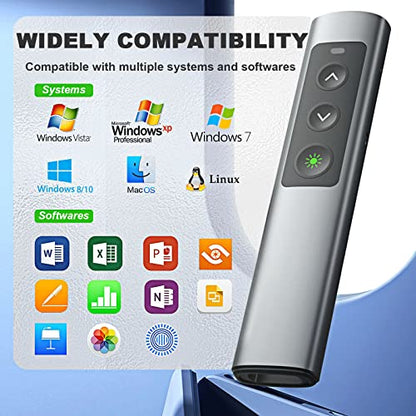 Metal Wireless Presentation Clicker, 2-in-1 USB Type-C Dual Receiver | Rechargeable PowerPoint Remote with Green Laser Pointer, Works for Mac Windows Linux, Laptop, Google Slides Keynote - style: Metal Rechargeable 02 Green Light