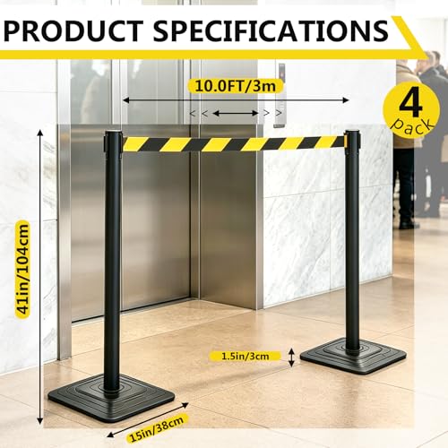 4 Pack Crowd Control Stanchions with 10FT Retractable Belt, 41" Black Queue Barriers with Heavy Rubber Base, Stable Stanchion Posts for Hotel, Airport, Bank, Store, Event(Yellow Black Stripe) - color: YELLOW BLACK STRIPE BELT