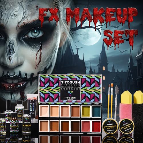 SFX Makeup Kit 12 Color Palette Scar Wax Halloween Cosplay | Spirit Gum, Fake Blood, Activator, Sealer & makeup tools for face body painting, theater, parties and special effects