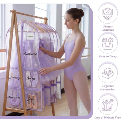 Nuenen 3 Pack Dance Garment Bags for Costumes Clear Dance Recital Organizer with Pockets & Labels, 40 Inch PVC Hanging Costume Bag for Competition Travel, Garment Bag with Compartments(Purple) - color: Purple