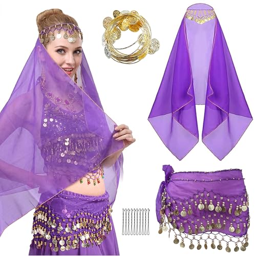 Wuchieal Set of 4 pcs Belly Dancer Outfit Sets, Chiffon Head Scarf,Belly Dance Hip Scarf, 10 Bobby Pins, 18 Metal Bracelets - color: Purple