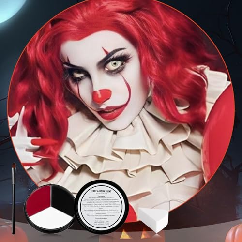 White Black Red Halloween Face Body Paint with 3PCS Sponge and 1PC Brush, for Baseball, Softball Sports(Eye Black) & Halloween (Joker, Clown), Face Painting Kit for Cosplay, SFX Costumes - color: White+Black+Red-1
