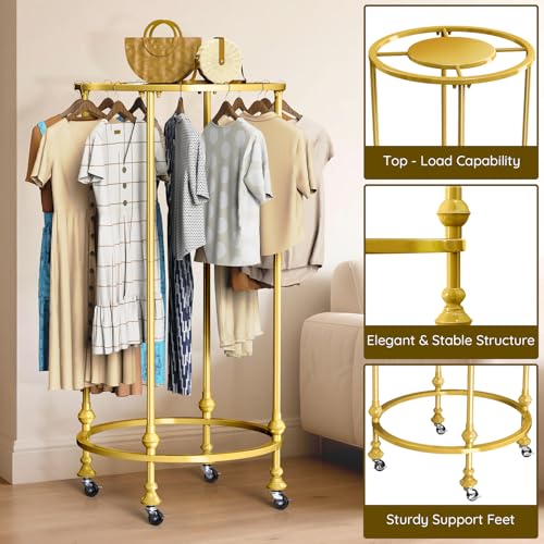 Rolling Round Garment Rack, Gold Clothing Rack with Wheels and Topper | Freestanding Double Space Retail Clothing Rack, Heavy Duty Commercial Boutique Display Rack for Retail Bedroom (Gold) - color: Gold