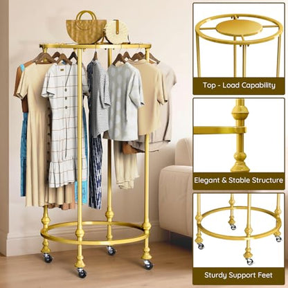 Rolling Round Garment Rack, Gold Clothing Rack with Wheels and Topper | Freestanding Double Space Retail Clothing Rack, Heavy Duty Commercial Boutique Display Rack for Retail Bedroom (Gold) - color: Gold
