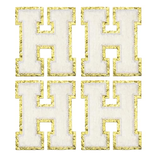 MECCANIXITY Chenille Letter Patches 3.1" Alphabet H Iron on Embroidered Patch Sew on Letter Stickers Applique for Repairing Clothing Jeans Shoes Hats DIY(White, Pack of 4) - style: Letter-H