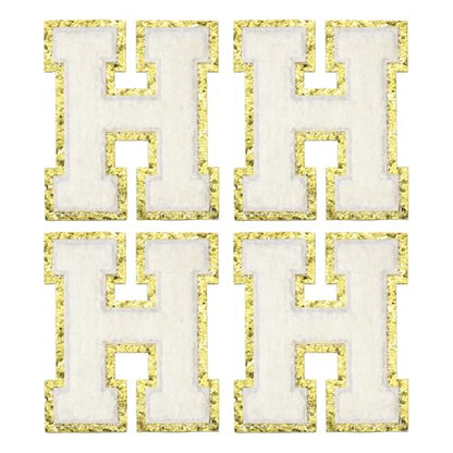 MECCANIXITY Chenille Letter Patches 3.1" Alphabet H Iron on Embroidered Patch Sew on Letter Stickers Applique for Repairing Clothing Jeans Shoes Hats DIY(White, Pack of 4) - style: Letter-H