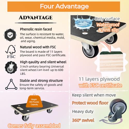 Furniture Dolly 4 Wheels, 22 x 11 inch, Furniture Movers, Two Packs of 1100 lb Load Capacity Heavy Duty Wood Dolly, Moving Dolly with Silent Wheels for Furniture, Piano, Couch, Refrigerator - size: Rectangle Furniture Dolly with TPR Wheels