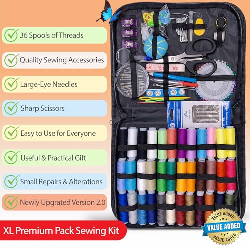 Vellostar Large Sewing Kit for Adults, 150-Piece Set, 36 Colors, 30 Needles - color: Large Black