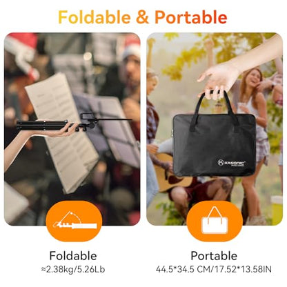 K KASONIC - Dual-Use Folding Sheet Music Stand & Desktop Book Stand with Portable Carrying Bag, Sheet Music Folder & Clip Holder (Black)
