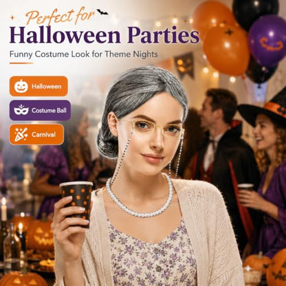 MAQIHAN Grandma Wig Costume Set - Gray Bun Wig with Cap and Glasses | Old Lady Cosplay Accessories with Retainer Chain Pearl Necklace for Party, Funny Comedy Theater and Costume Outfit - color: Grey02