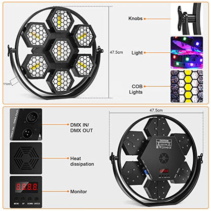 7X50W COB Hexagonal Retro Stage Lights with RGB 63LED DMX Aluminum Background Wash Strobe Par Light for Stages Wedding DJ Party Club Disco Event Church