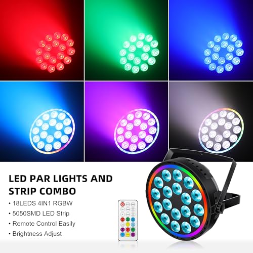 Telbum DJ Par Lights DMX, 70W 18LEDs RGBW Stage Par Light with Rainbow LED Strip Remote Control, Sound Activated DJ Lighting Uplights for Events Wedding Church Dance Party Club Music Live Show