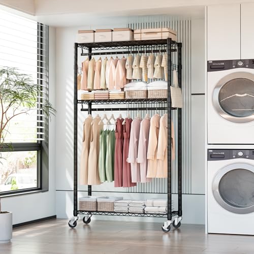 Heavy Duty Rolling Clothes Rack 3 Tiers, Metal Clothing Rack with Wheels, Adjustable Double Garment Rack, Closet Organizer System with 23.6" W x 15.7" D x 76" H, Max Load 400Lbs (Black) - color: Black, size: 23.6" W x 15.7" D x 76" H