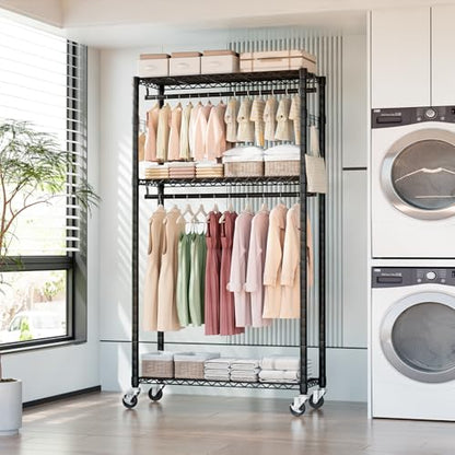 Heavy Duty Rolling Clothes Rack 3 Tiers, Metal Clothing Rack with Wheels, Adjustable Double Garment Rack, Closet Organizer System with 23.6" W x 15.7" D x 76" H, Max Load 400Lbs (Black) - color: Black, size: 23.6" W x 15.7" D x 76" H