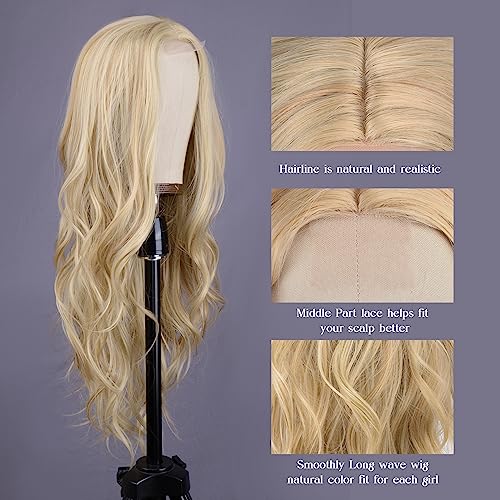 Aida ble Long Wavy Blonde Wig for Women 26 Inch Middle Part Synthetic Wig | Natural Looking Heat Resistant Hair,Suit for Daily Wear,Party,Halloween and Cosplay,Beginner-friendly,Lightweight and soft - color: Blonde