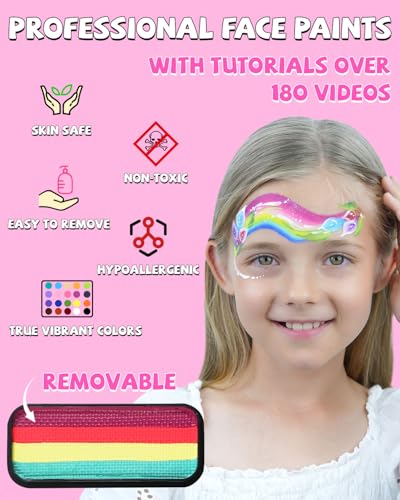 Anka Bella Professional Face Painting Kit with Over 180 Tutorials | For beginners and professionals,Bright color,high pigment,Water Based Face and Body Paint with Brushes & Stencils - color: Rainbow Cake