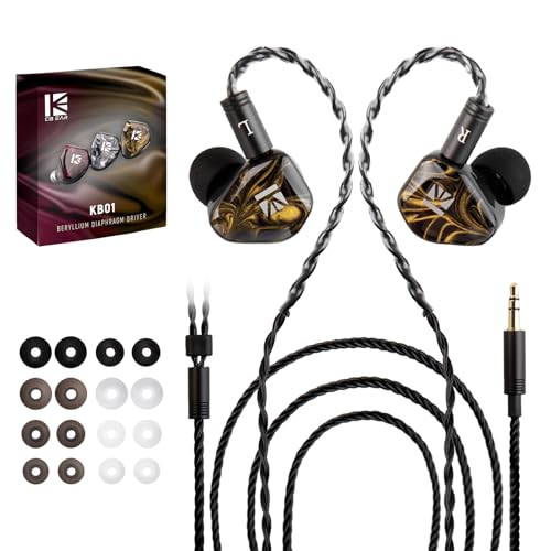 KBEAR KB01 in Ear Monitor, 10mm Beryllium Diaphragm Dynamic Driver IEMs, HiFi Gaming Earbuds with Clarity Sound 3D-Printed Resin Shell, 6N OFC 2PIN Cable for Musicians Audio Engineers Singers (Gold) - color: Gold