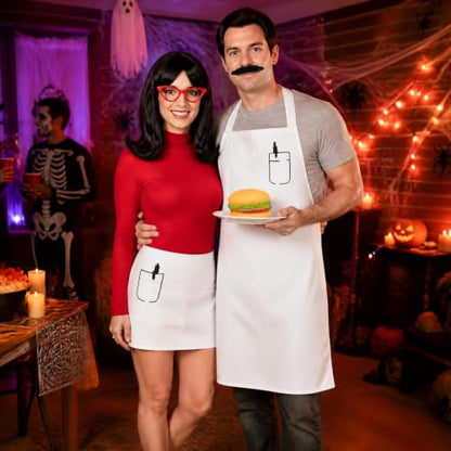 MOVINPE Burger Shop Couple Costume Set for Adults, Chef & Waitress Outfit with Aprons, Wig, Beard, Glasses & Hamburger Prop – Funny Restaurant-Themed Halloween Cosplay for Men & Women