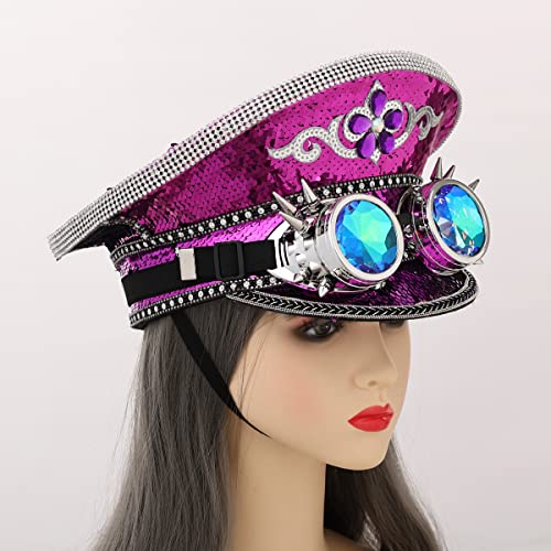 GRACEART Women's Burning Man Sequin Hat Mucis Festival Military Captain Hats Steampunk Caps with Goggles - style: Style-06(with Goggle)