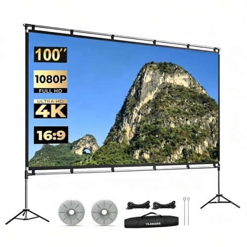 100 Inch Projector Screen with Stand, Portable Indoor Outdoor Movie Screen, 16:9 4K HD Dual Front‑Rear Projection Screen for Backyard Theater, Camping, Home Cinema.100 Inch