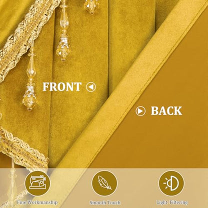 Stately Yellow Velvet Valance 138" Wide, Waterfall Swag with Intricate Beaded Trim, Luxurious Curtains for Wedding Venues, Events & Open Concept Spaces - color: Gold, size: 138"W x 43"L (Pack of 1)
