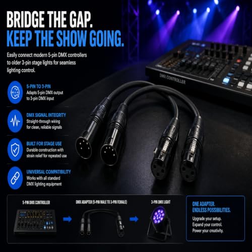 2-Pack DMX Adapter 5 Pin to 3 Pin, 6 Inch XLR Male to Female Cable with Gold-Plated Connectors for Stage Lights, Moving Heads, LED Pars and DJ Lighting Controllers