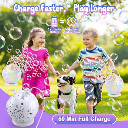 Bubble Machine with Remote Control, 360° Automatic Rotation & 7 RGB Lights Rechargeable Bubbles Machine for Kids Boys Girls, Portable Bubble Machine for Parties Wedding Birthday Outdoor