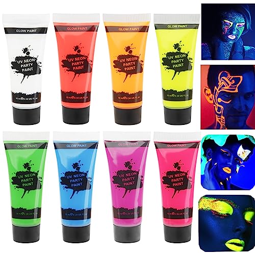 MEICOLY Glow Blacklight Face Paint,Neon UV Body Paint Set of 8 Tubes Blacklight Reactive Paints,Glow in the Dark Body Paint Neon Party Supplies,Neon Fluorescent Face Paint Blacklight Glow Makeup - color: 8 colors glow uv blacklight face body paint