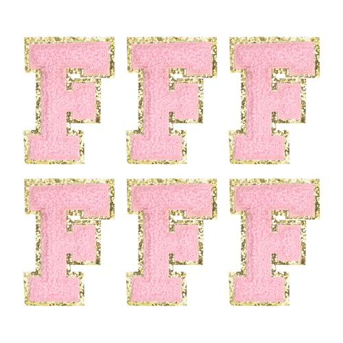 MECCANIXITY Chenille Letter Patches 2.2" Self Adhesive Alphabet F Stick on Embroidered Patch Sew on Letter Stickers Applique for Repairing Clothing Jeans Shoes Hats DIY(Pink, Pack of 6) - style: Letter-F