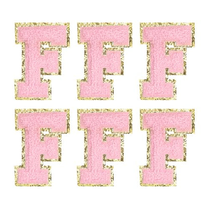 MECCANIXITY Chenille Letter Patches 2.2" Self Adhesive Alphabet F Stick on Embroidered Patch Sew on Letter Stickers Applique for Repairing Clothing Jeans Shoes Hats DIY(Pink, Pack of 6) - style: Letter-F