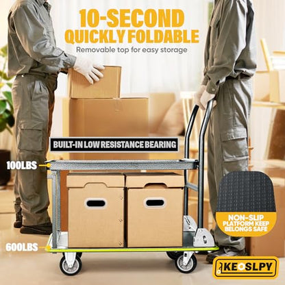 Upgraded Heavy Duty Foldable Push Cart Dolly 700 Lbs Load 2 Tier | High-Strength Steel Folding Platform Truck Cart, Moving Flatbed Cart with Wheels for Warehouse, Garage, Workshop, Office - style: 600LBS+100LBS