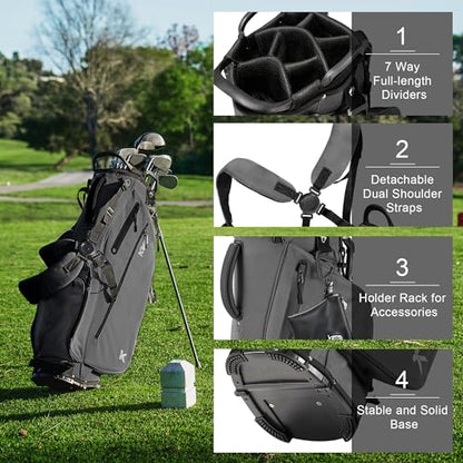 KVV Lightweight Golf Stand Bag with 7 Way Full-Length Dividers, 5 Zippered Pockets, Automatically Adjustable Dual Straps，Elegant Design - color: Charcoal