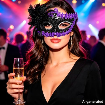 SIQUK Couple Masquerade Masks Set Venetian Party Mask Costume Mask - color: Black & Violet Sequins