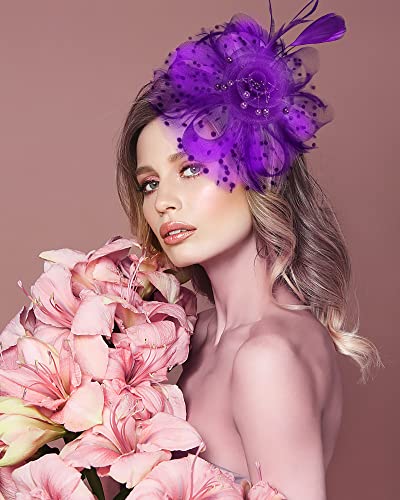 Fascinator Tea Party Hat Women 20s 50s Wedding Cocktail Flower Mesh Feathers Hair Clip for Carnival Halloween - color: A-purple