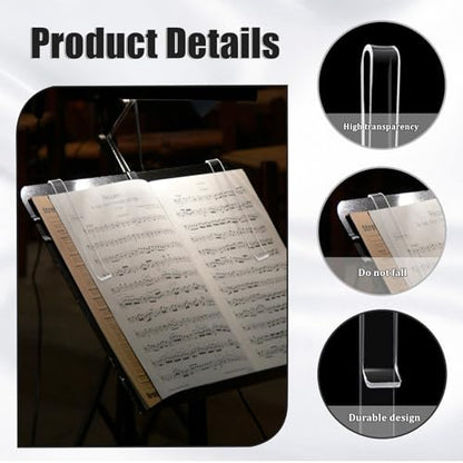 6 Pcs Clear Acrylic Music Stand Clips and Sheet Music Page Holders | Transparent, Reading Clips Hold Pages On A Music Stand, For Wind Musicians, Rehearsals, Practice, and Outdoor Performances