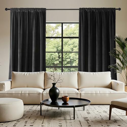 Joydeco Black Velvet Curtains 90 inch Length 2 Panels, Luxury Blackout Rod Pocket Thermal Insulated Window Curtains, Super Soft Room Darkening Drapes for Living Dining Room Bedroom,W52 x L90 inches - color: Rod Pocket | Black, size: 52"W x 90"L (Pack of 2
