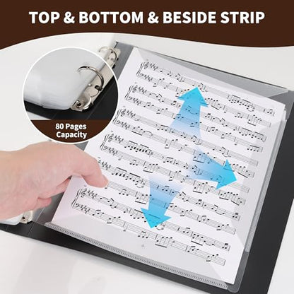 80 Sleeves Sheet Music Binder 8.5"x11" Sheet Music Folder with Elastic Band | Black Sheet Music Protective Sleeves Binder with Plastic Sleeves for Audition,Orchestra,Piano, Choir, Stand