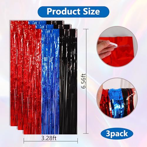 BEISHIDA 3Pcs Red Blue Black Door Streamers Backdrop Foil Fringe Tinsel Curtains Backdrops for Spider Theme Birthday Party Supplies (3.28 ft x 6.56 ft) - color: 3 Pack-red blue black